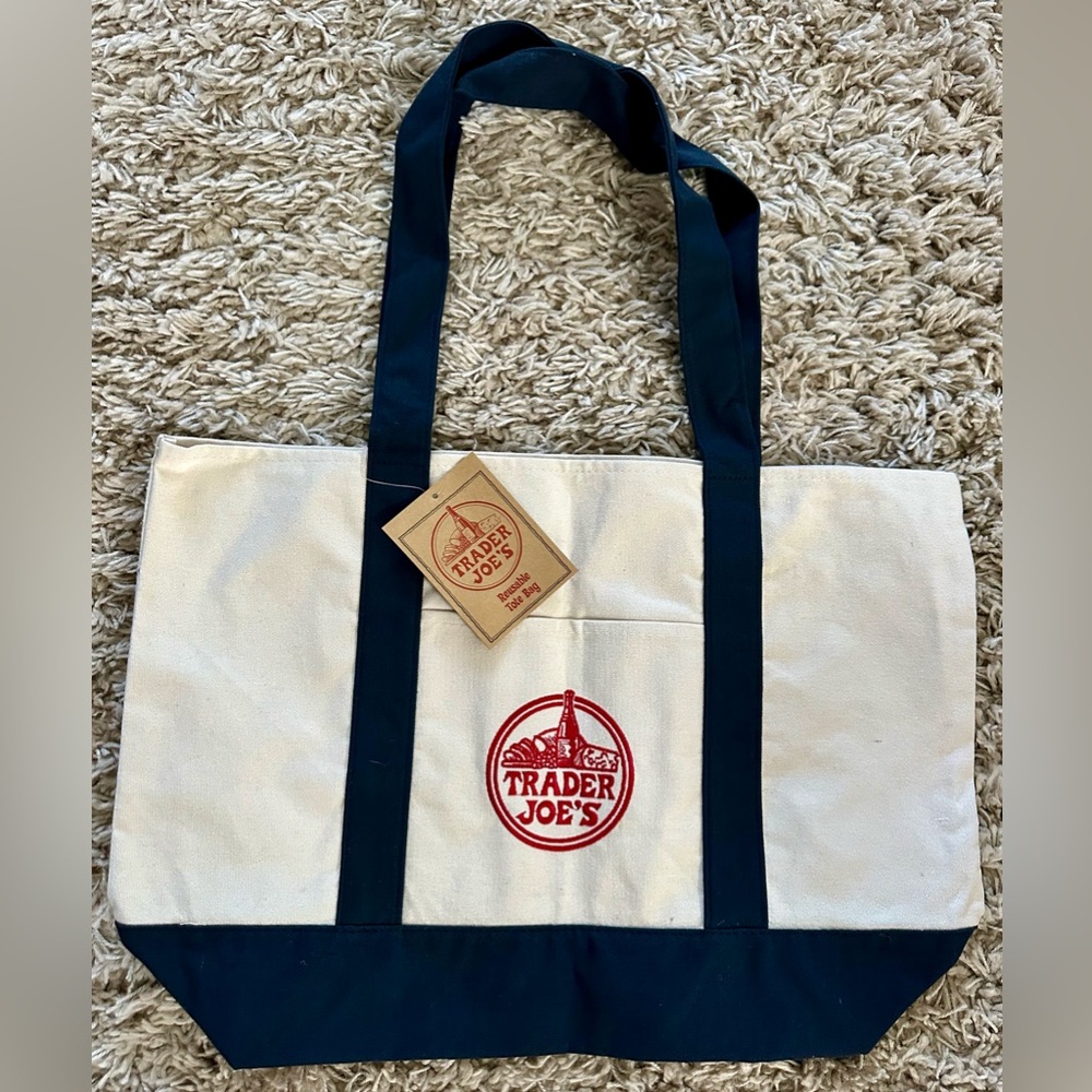 Trader Joe's Cream and Navy Canvas Tote Bag